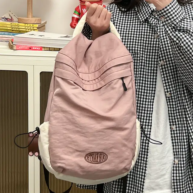 彤彤兔 纯色简约百搭 水洗布 双肩包背包 男女同款情侣款 藕色/绿色