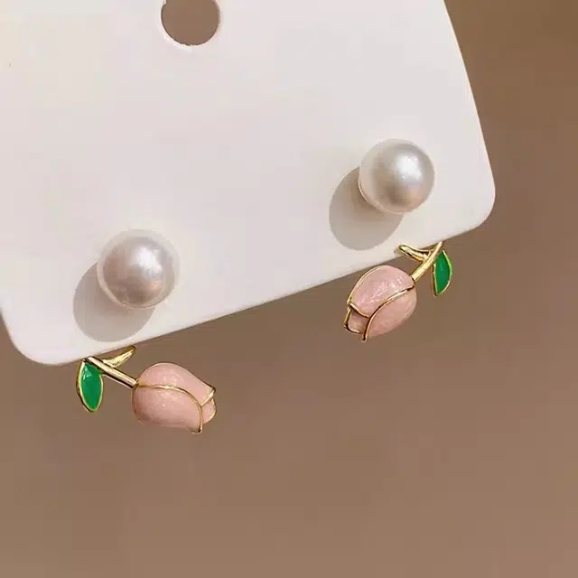 超仙设计郁金香珍珠耳环简约小众耳钉女潮高级设计感气质耳饰批发