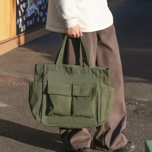 德力熊帆布包男女通用多色单肩包超大容量帆布袋多功能托特包日系简约手提单肩包