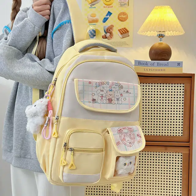 德力熊 可爱书包初中大容量背包休闲 尼龙 双肩包 女款 粉色/蓝色/黑色/黄色/紫色