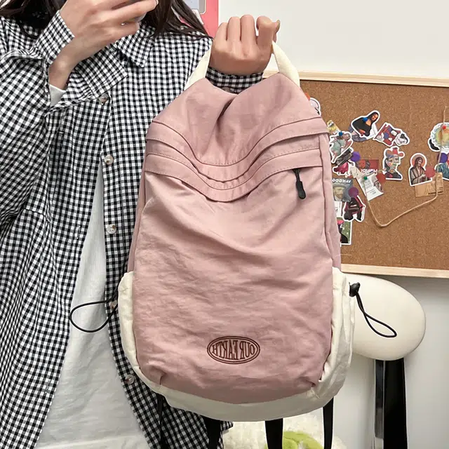 彤彤兔 纯色简约百搭 水洗布 双肩包背包 男女同款情侣款 藕色/绿色
