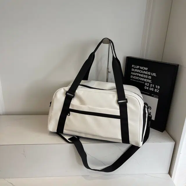 德力熊 简约短途出差行李袋健身包 尼龙 手提单肩斜挎旅行包 男女同款情侣款 米白/黑色