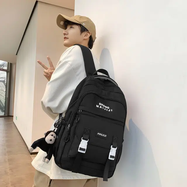 彤彤兔 美式复古撞色百搭 尼龙 双肩包 男女同款情侣款 黑色/蓝色/白红/卡其