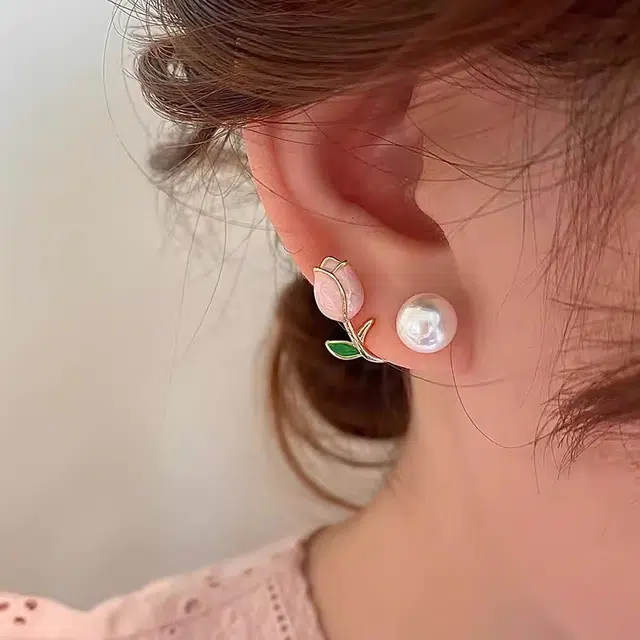 超仙设计郁金香珍珠耳环简约小众耳钉女潮高级设计感气质耳饰批发