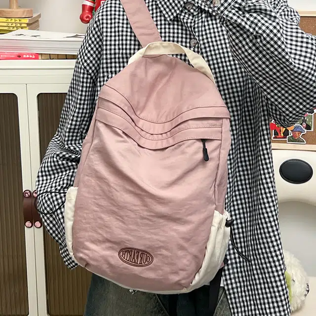 彤彤兔 纯色简约百搭 水洗布 双肩包背包 男女同款情侣款 藕色/绿色