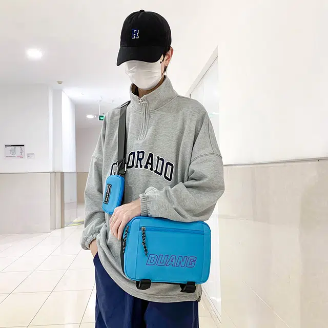 德力熊 日系工装风潮牌大容量拉链开合 帆布 单肩包 常规 男款 蓝/灰/黑