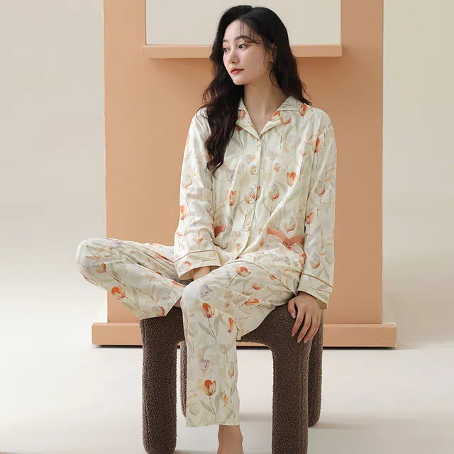 棉有家 气质翻领柔软透气花朵长袖开衫长裤睡衣套装 女款 花杏色