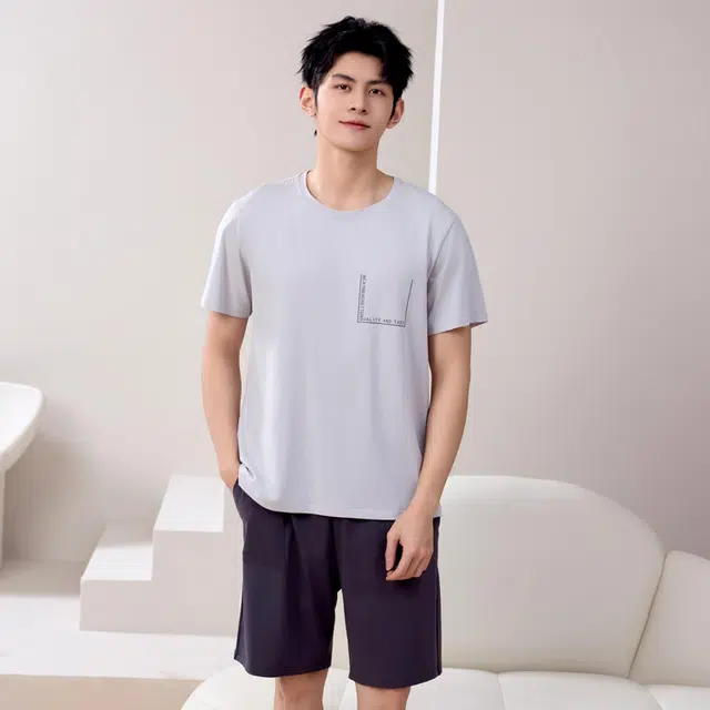 棉有家 极简舒适柔软短袖短裤睡衣套装 男款