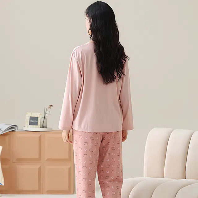 棉有家 舒适圆领吸汗透气卡通长袖长裤可外穿睡衣套装 女款 洛粉色