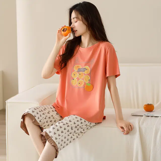 棉有家 舒适抗菌卡通柿子圆领短袖七分裤睡衣套装 女款 橙色