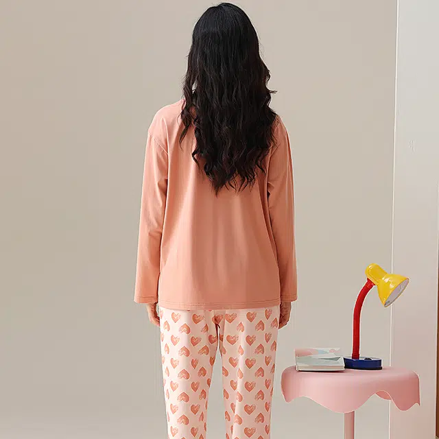 棉有家 舒适圆领亲肤透气爱心可外穿睡衣套装 女款 沙杏粉