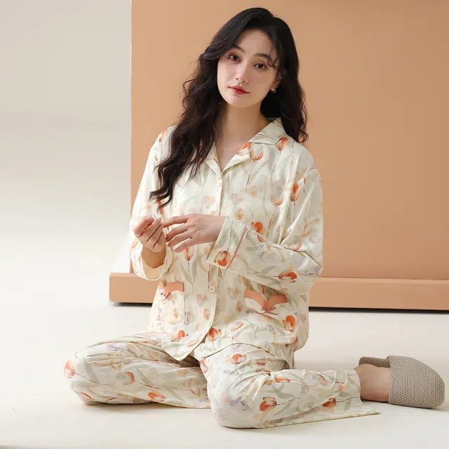 棉有家 气质翻领柔软透气花朵长袖开衫长裤睡衣套装 女款 花杏色