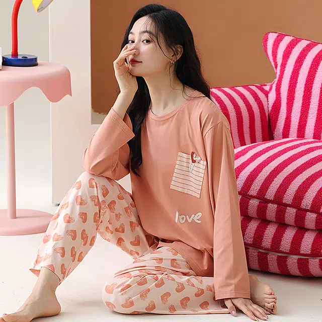 棉有家 舒适圆领亲肤透气爱心可外穿睡衣套装 女款 沙杏粉