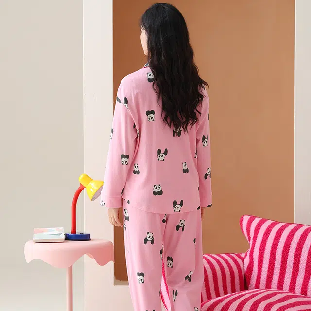 棉有家 气质翻领舒适卡通睡衣套装 女款 粉色