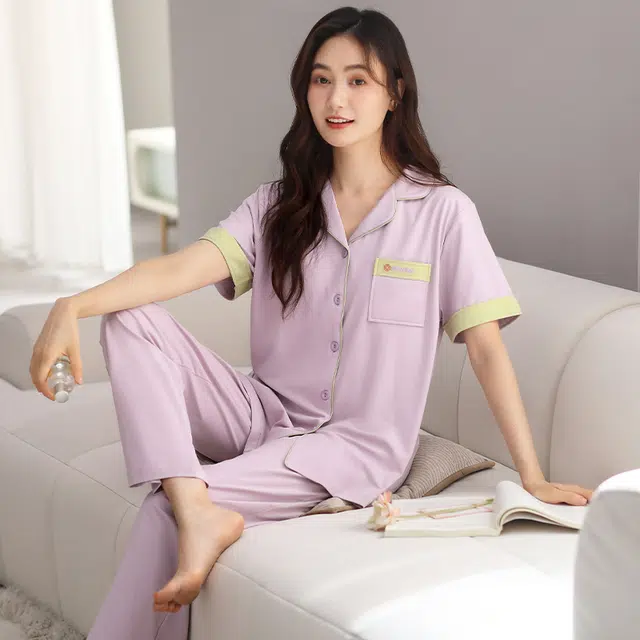 棉有家 简约舒适带胸垫短袖松紧长裤睡衣套装 女款 紫色
