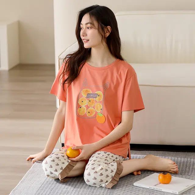 棉有家 舒适抗菌卡通柿子圆领短袖七分裤睡衣套装 女款 橙色