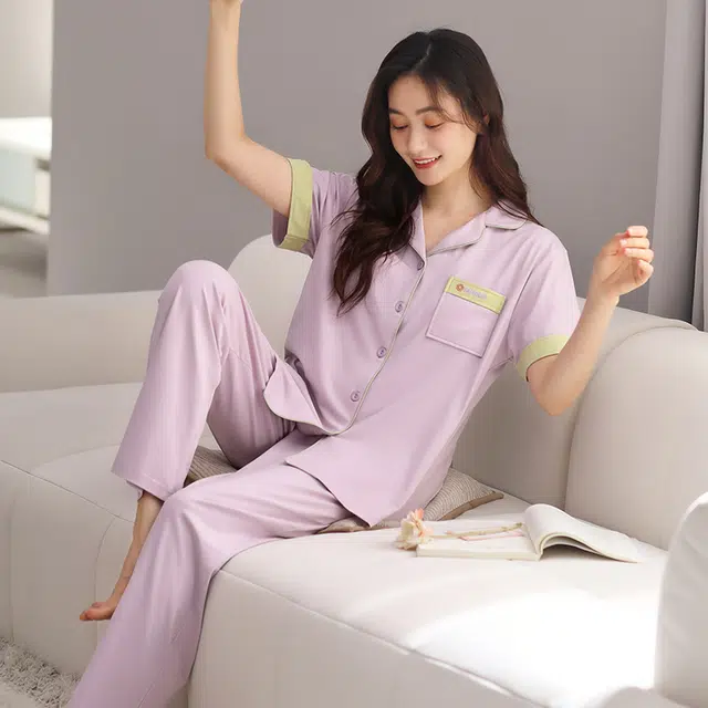 棉有家 简约舒适带胸垫短袖松紧长裤睡衣套装 女款 紫色