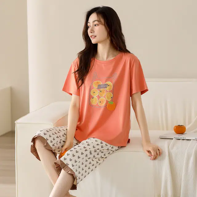 棉有家 舒适抗菌卡通柿子圆领短袖七分裤睡衣套装 女款 橙色