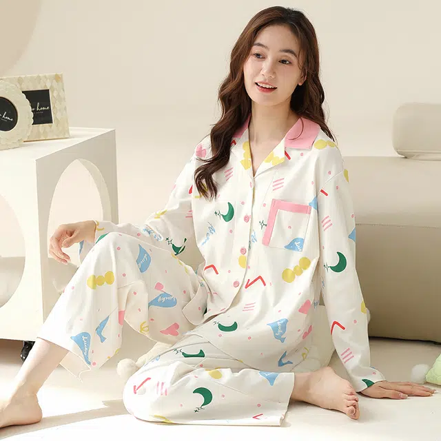 棉有家 翻领可爱少女几何图案纯棉透气亲肤柔软睡衣 家居套装  女  米白