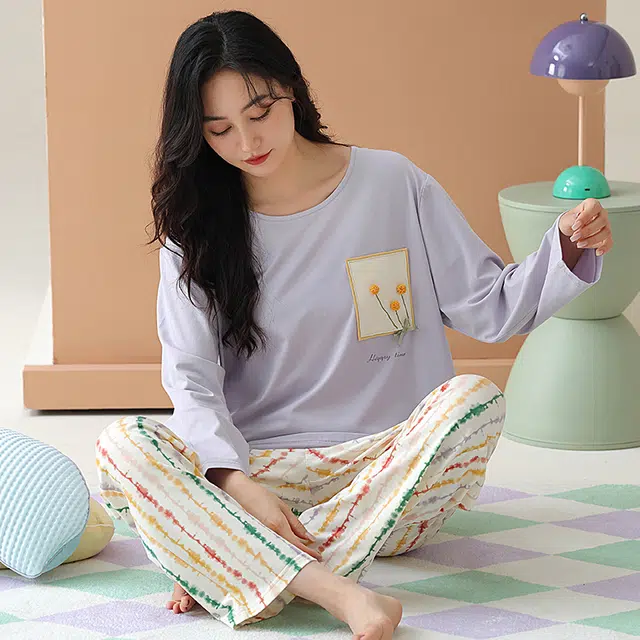 棉有家 舒适圆领亲肤柔软清新休闲睡衣套装 女款