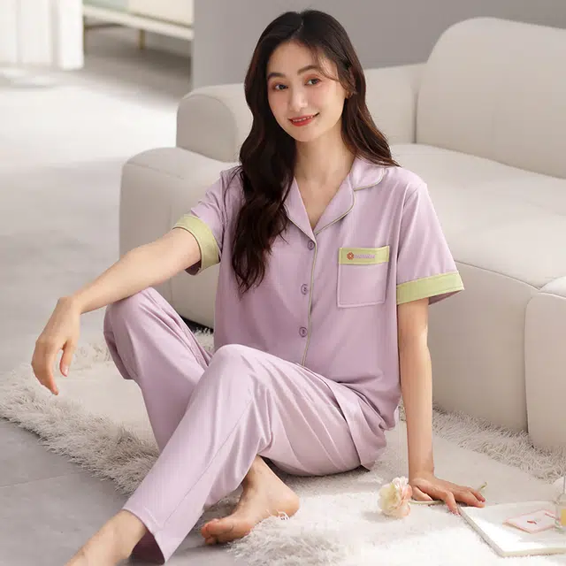 棉有家 简约舒适带胸垫短袖松紧长裤睡衣套装 女款 紫色