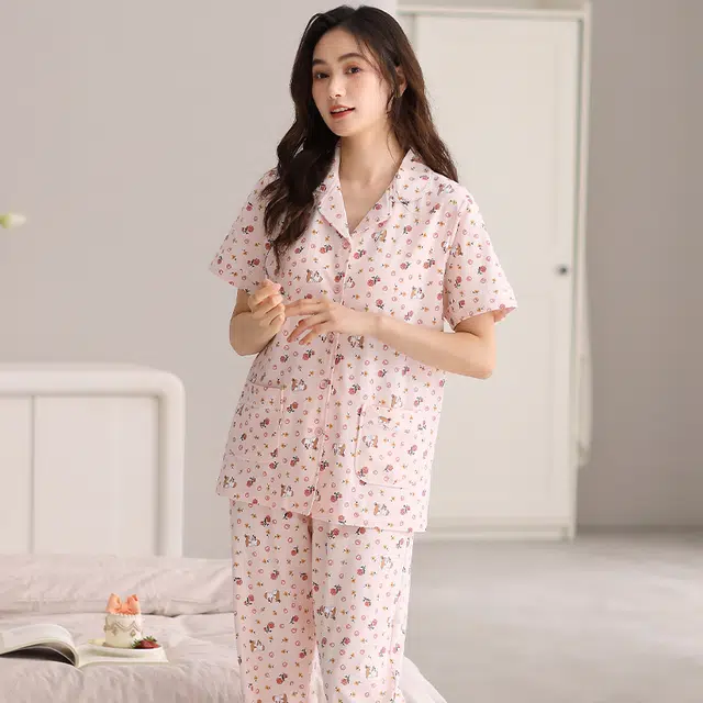 棉有家 透气带胸垫短袖松紧长裤睡衣套装 女款 粉色