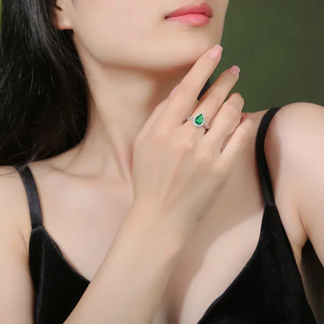 燮乐 梦境水滴形指环手饰品银戒子#好运 培育祖母绿 戒指 女款