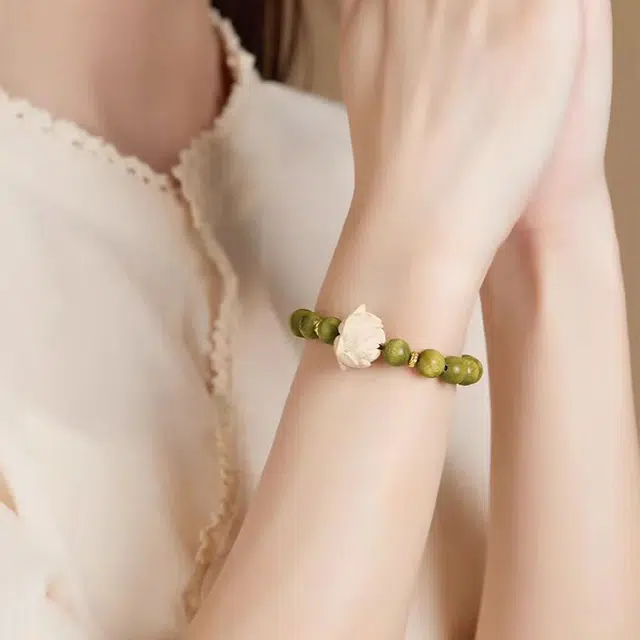 六珍堂 国潮设计感莲花楼佛珠文玩可盘玩素圈 绿檀 木作手串 男女同款情侣款 绿檀