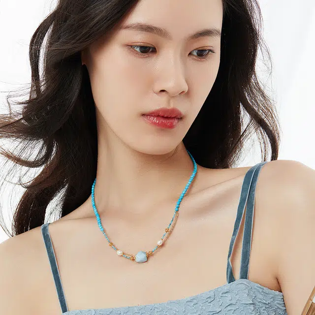 六珍堂 蓝色松石叠戴项链女款复古中国风巴洛克珍珠锁骨链