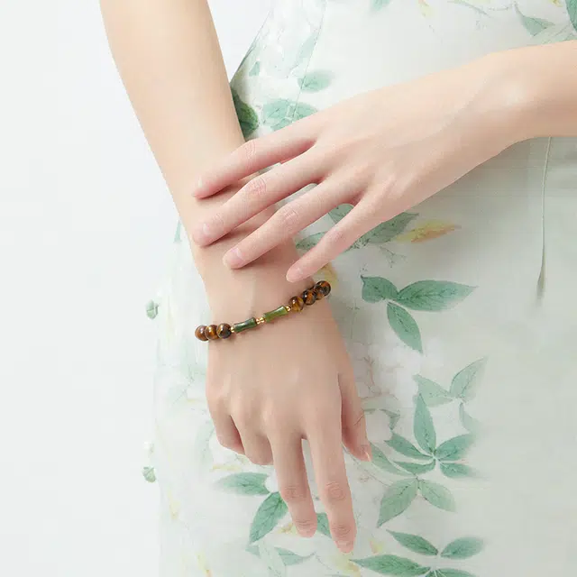 六珍堂 竹节个性圆珠 新中式小众设计感 虎眼石 玉石手链 女款