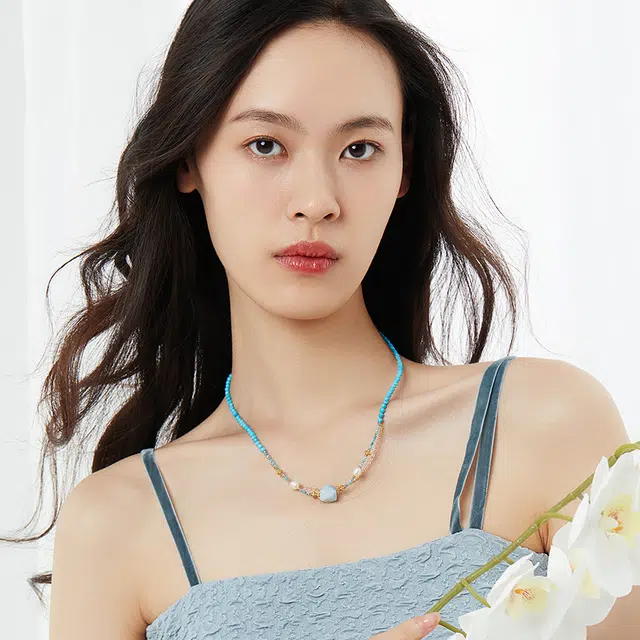 六珍堂 蓝色松石叠戴项链女款复古中国风巴洛克珍珠锁骨链