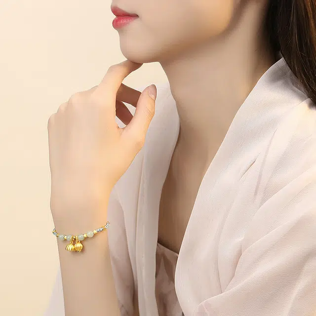 六珍堂 世欢手绳 碎银 喷砂莲蓬手串编织 和田玉 手链 女款 青玉