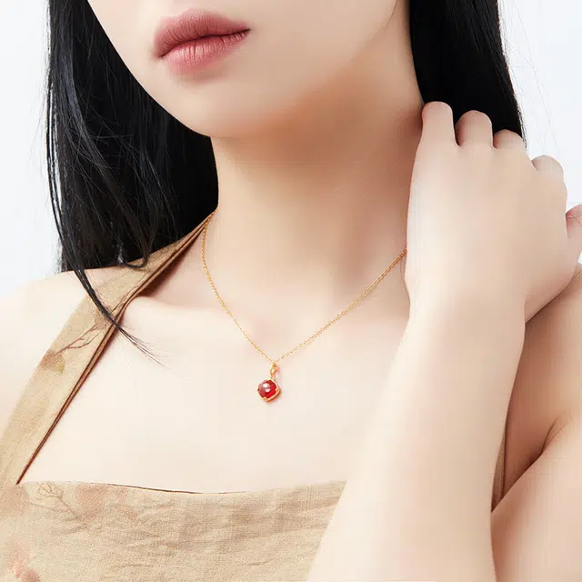 六珍堂 蛋面 复古中国风设计感 几何型圆形气质 玛瑙 玉石项链 男女同款情侣款