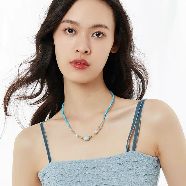 六珍堂 蓝色松石叠戴项链女款复古中国风巴洛克珍珠锁骨链