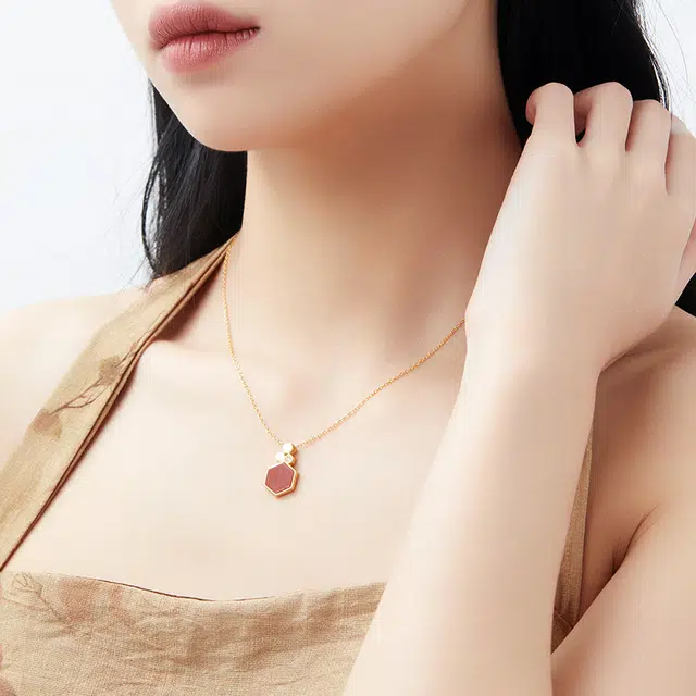 六珍堂 蜂巢六边形几何款复古气质中式 南红 名贵玉石项链 男女同款情侣款