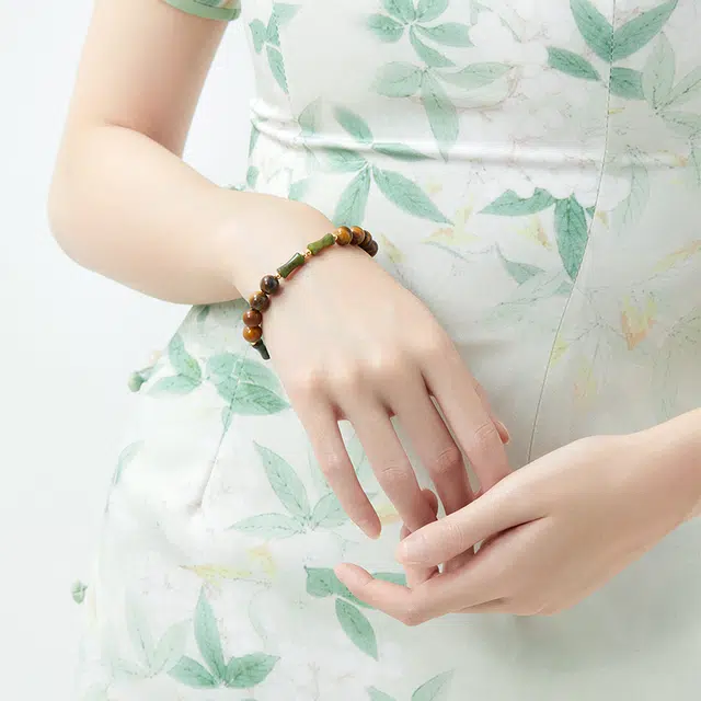 六珍堂 竹节个性圆珠 新中式小众设计感 虎眼石 玉石手链 女款