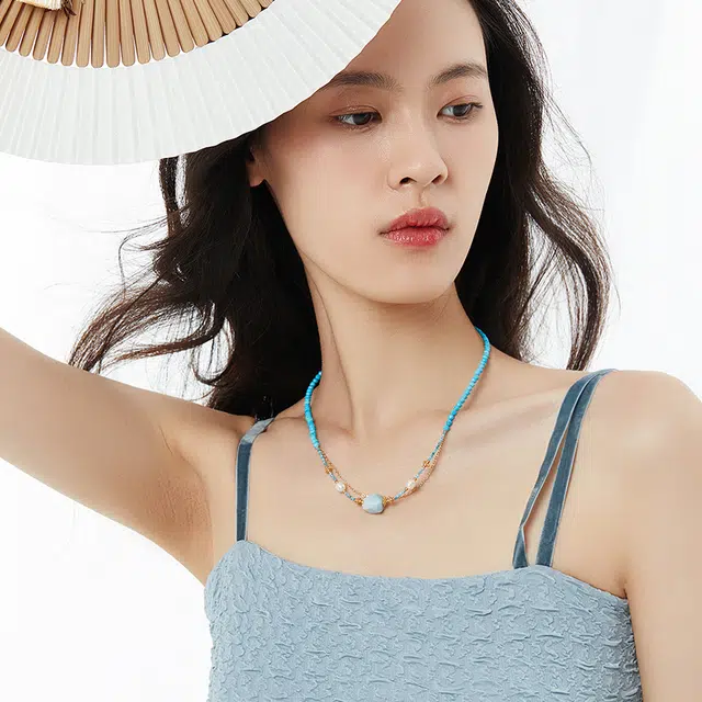 六珍堂 蓝色松石叠戴项链女款复古中国风巴洛克珍珠锁骨链