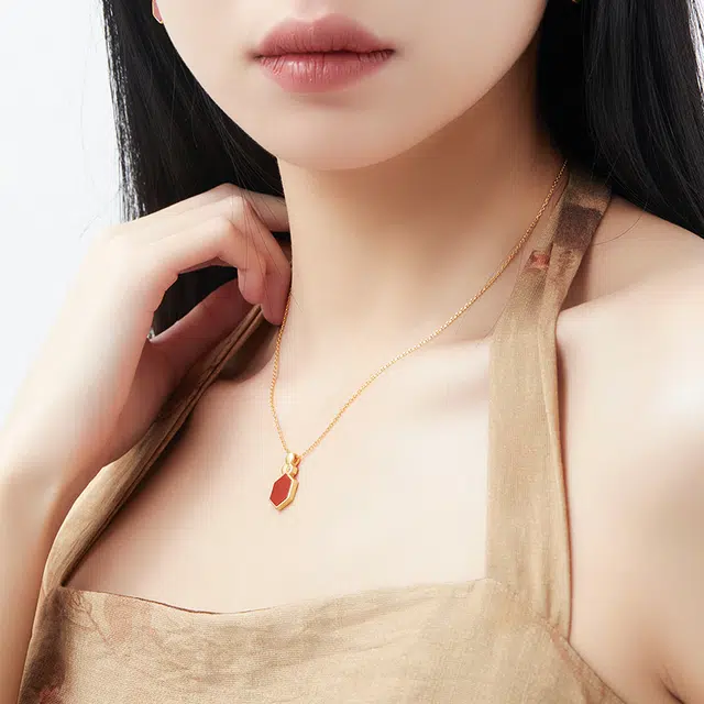 六珍堂 蜂巢六边形几何款复古气质中式 南红 名贵玉石项链 男女同款情侣款