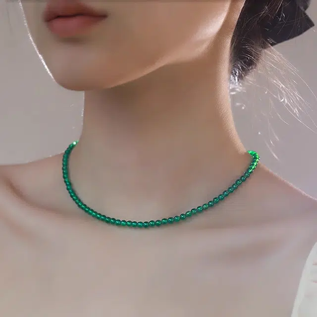 六珍堂 新中式个性国风气质绿可叠戴串珠轻奢高级设计感复古锁骨链 玉髓 项链 女款