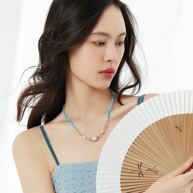 六珍堂 蓝色松石叠戴项链女款复古中国风巴洛克珍珠锁骨链