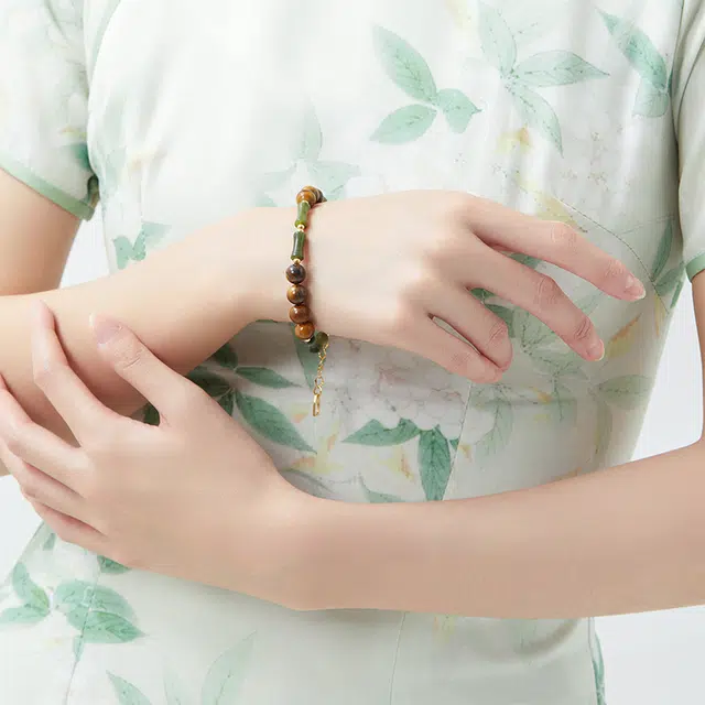 六珍堂 竹节个性圆珠 新中式小众设计感 虎眼石 玉石手链 女款