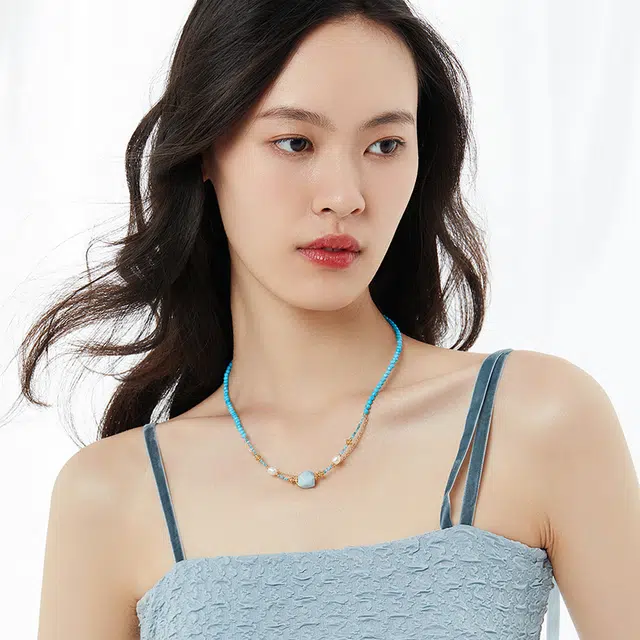 六珍堂 蓝色松石叠戴项链女款复古中国风巴洛克珍珠锁骨链