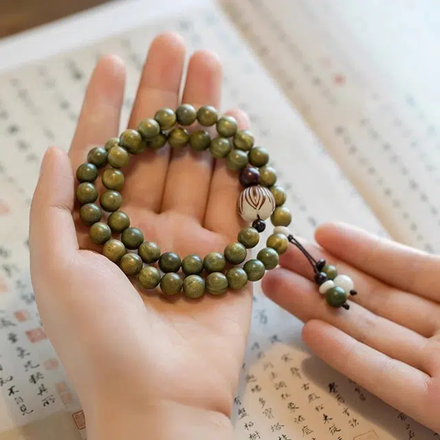 六珍堂 新中式森系绿檀双圈佛珠菩提根 檀木 木作手串 男女同款情侣款 绿檀 父亲 节 礼 物
