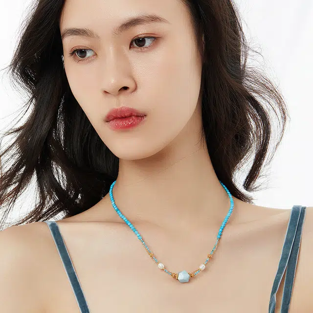 六珍堂 蓝色松石叠戴项链女款复古中国风巴洛克珍珠锁骨链