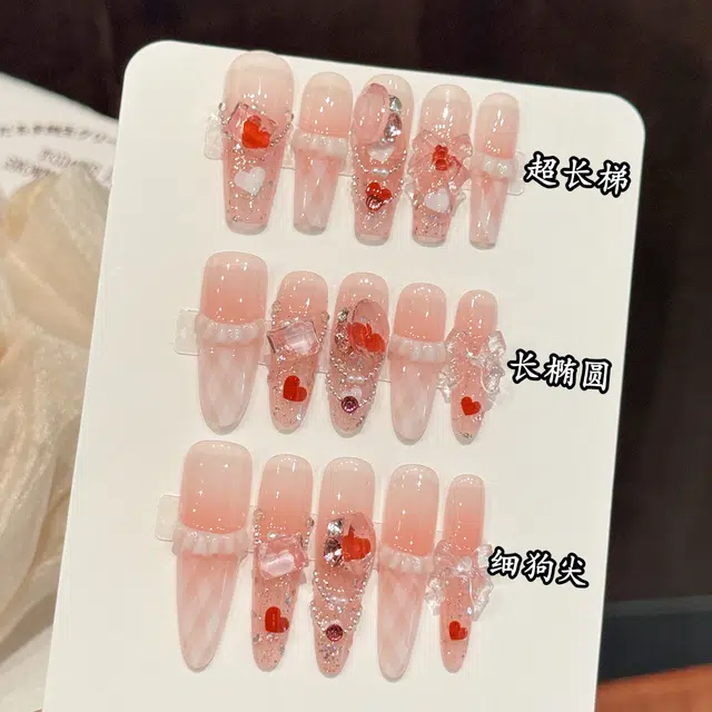 莎琪诺 玛格丽特纯欲奶油丝带甜美方格透底蝴蝶结手工显白  穿戴甲 椭圆粉腮红晕染 法式