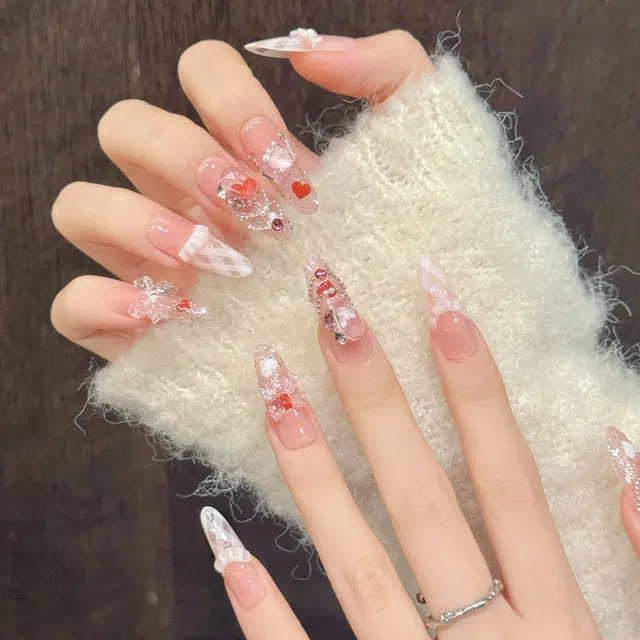 莎琪诺 玛格丽特纯欲奶油丝带甜美方格透底蝴蝶结手工显白  穿戴甲 椭圆粉腮红晕染 法式