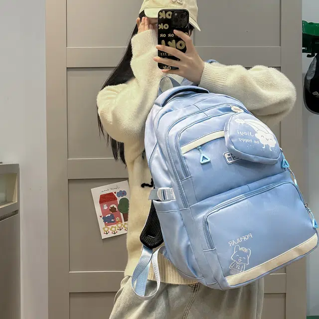 泰克森 纯色简约刺绣字母休闲拼接 尼龙 双肩包 常规 男女同款情侣款 黑色/蓝色/粉色/绿色/紫色