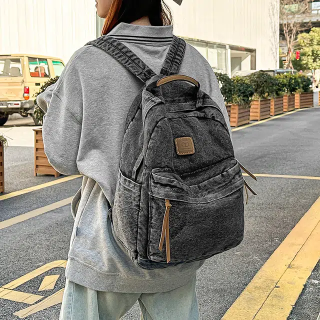 泰克森 大容量 潮流 时尚 牛仔布 双肩包 男女同款情侣款 黑色/浅蓝色/蓝色