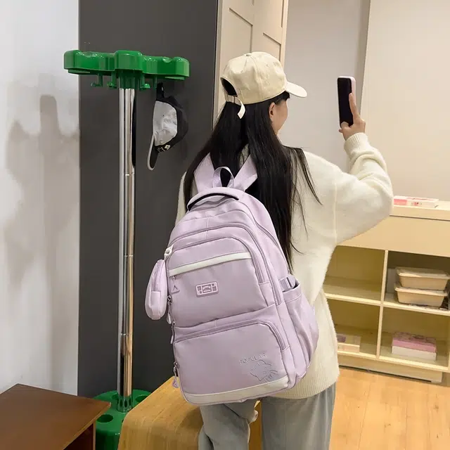 泰克森 纯色简约刺绣字母休闲拼接 尼龙 双肩包 常规 男女同款情侣款 黑色/蓝色/粉色/绿色/紫色