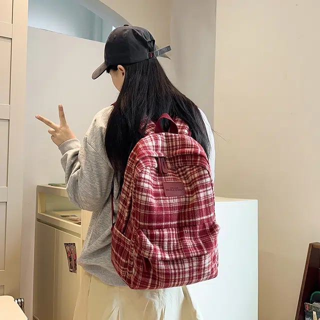 泰克森 大容量 时尚 潮流 呢子 双肩包 常规 男女同款情侣款 米白色/黑色/红色/卡其色